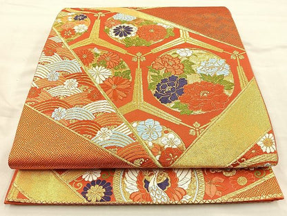 平和屋着物◎六通柄袋帯 唐織 格天井花丸文 金糸 逸品 BAAK3522if