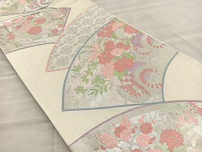 平和屋着物◎六通柄袋帯 唐織 地紙花車文 銀糸 逸品 BAAK3521if