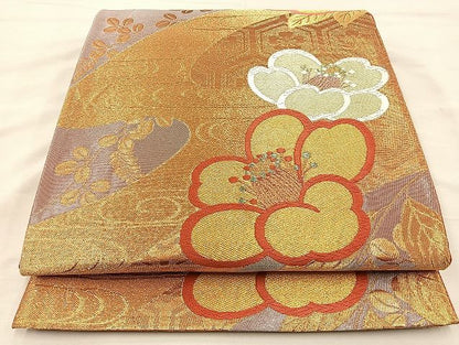 平和屋着物◎六通柄袋帯 唐織 椿 金糸 逸品 BAAK3534