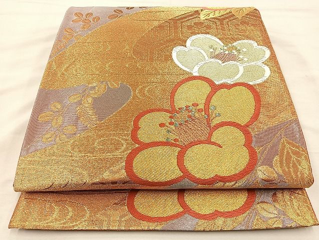 平和屋着物◎六通柄袋帯 唐織 椿 金糸 逸品 BAAK3534
