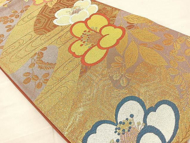 平和屋着物◎六通柄袋帯 唐織 椿 金糸 逸品 BAAK3534