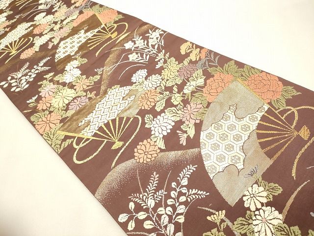 平和屋着物◎六通柄袋帯 扇面草花文 金糸 逸品 CAAI0291oy