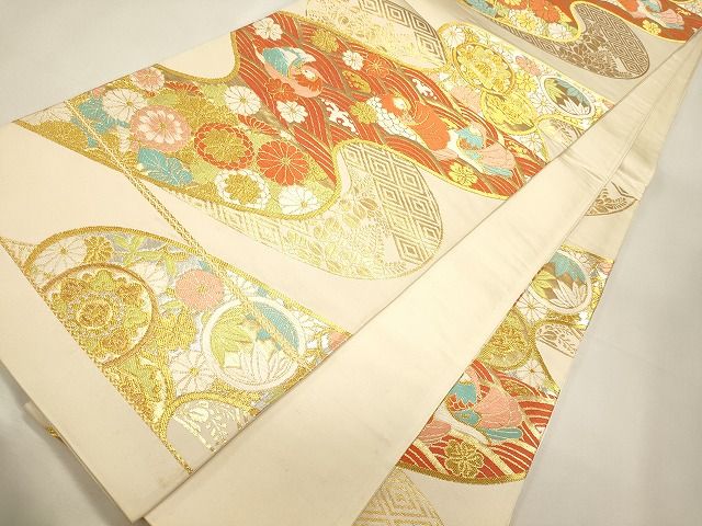 平和屋着物◎六通柄袋帯 唐織 流水向かい鳥花文 金糸 逸品 CAAI0242oy