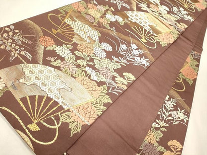 平和屋着物◎六通柄袋帯 扇面草花文 金糸 逸品 CAAI0291oy