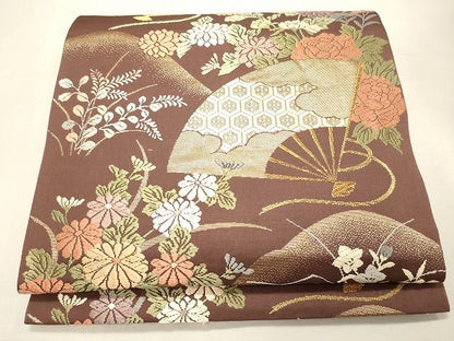 平和屋着物◎六通柄袋帯 扇面草花文 金糸 逸品 CAAI0291oy