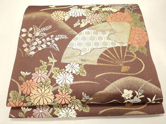 平和屋着物◎六通柄袋帯 扇面草花文 金糸 逸品 CAAI0291oy
