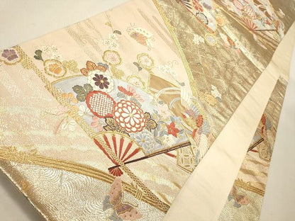 平和屋着物◎六通柄袋帯 扇面花鳥文 金糸 逸品 CAAI0286oy
