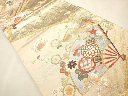 平和屋着物◎六通柄袋帯 扇面花鳥文 金糸 逸品 CAAI0286oy