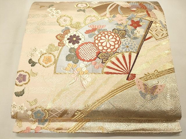 平和屋着物◎六通柄袋帯 扇面花鳥文 金糸 逸品 CAAI0286oy