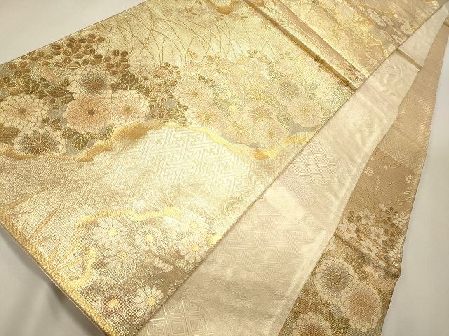 平和屋着物◎両面 六通柄袋帯 流水草花文 金糸 逸品 CAAI0295oy