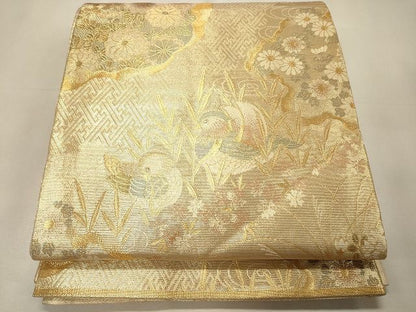 平和屋着物◎両面 六通柄袋帯 流水草花文 金糸 逸品 CAAI0295oy