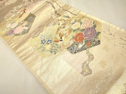 平和屋着物◎六通柄袋帯 亀甲重ね花鳥文 金糸 逸品 CAAI0302oy