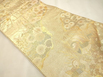 平和屋着物◎両面 六通柄袋帯 流水草花文 金糸 逸品 CAAI0295oy