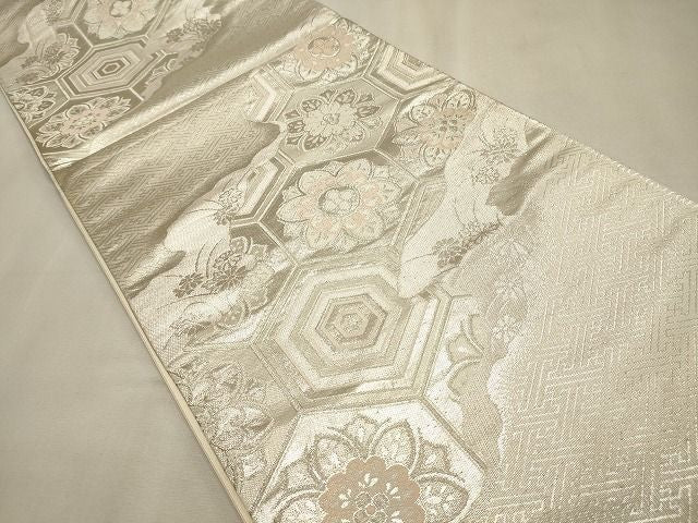 平和屋着物◎両面 六通柄袋帯 道長花文 銀糸 逸品 CAAI0373oy