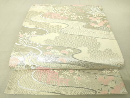 平和屋着物◎六通柄袋帯 流水花文 銀糸 逸品 DAAJ4045re
