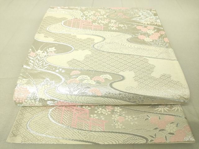 平和屋着物◎六通柄袋帯 流水花文 銀糸 逸品 DAAJ4045re