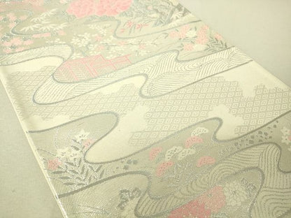 平和屋着物◎六通柄袋帯 流水花文 銀糸 逸品 DAAJ4045re