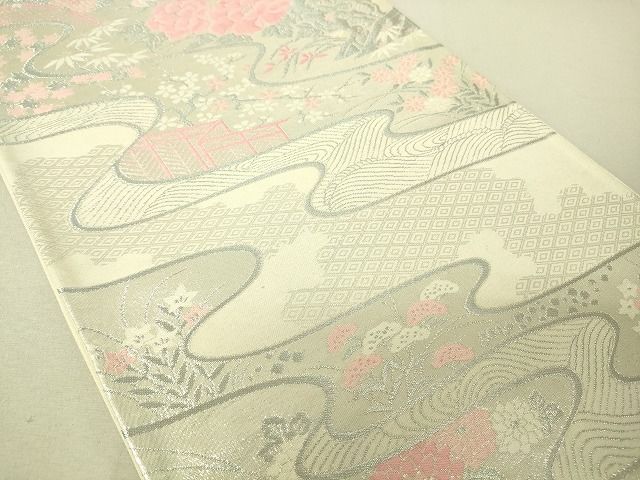 平和屋着物◎六通柄袋帯 流水花文 銀糸 逸品 DAAJ4045re