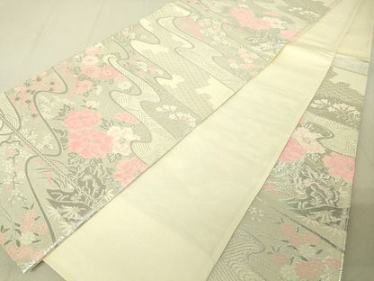 平和屋着物◎六通柄袋帯 流水花文 銀糸 逸品 DAAJ4045re