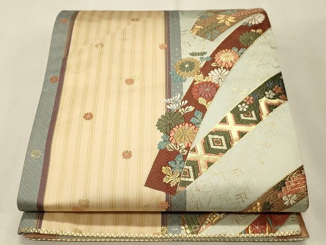平和屋着物◎両面 六通柄袋帯 唐織 熨斗草花文 金糸 逸品 CAAH7415dy