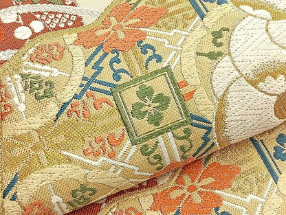 平和屋着物●六通柄袋帯 唐織 鬘帯扇面文 金糸 逸品 BAAK2582ea