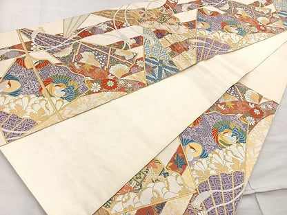 平和屋着物●六通柄袋帯 唐織 鬘帯扇面文 金糸 逸品 BAAK2582ea