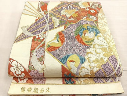 平和屋着物●六通柄袋帯 唐織 鬘帯扇面文 金糸 逸品 BAAK2582ea