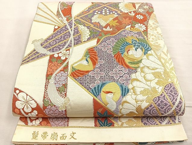 平和屋着物●六通柄袋帯 唐織 鬘帯扇面文 金糸 逸品 BAAK2582ea