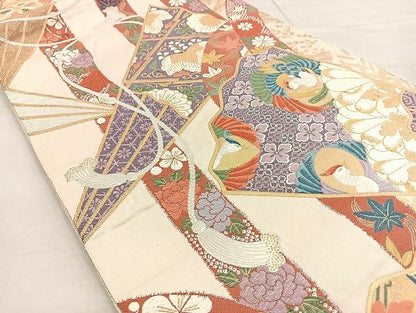 平和屋着物●六通柄袋帯 唐織 鬘帯扇面文 金糸 逸品 BAAK2582ea