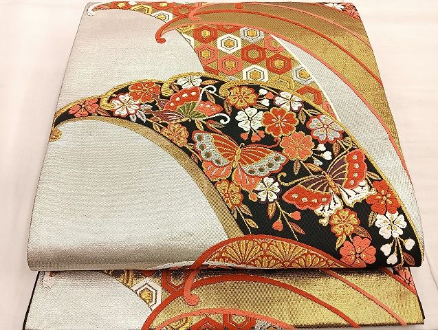 平和屋着物●六通柄袋帯 唐織 立波花蝶文 金銀糸 逸品 BAAK2676ea