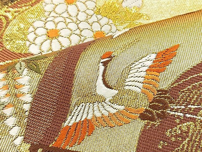 平和屋着物●六通柄袋帯 唐織 菱天井扇面花鳥文 黒地 金糸 逸品 BAAK6613ea