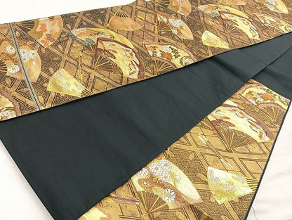 平和屋着物●六通柄袋帯 唐織 菱天井扇面花鳥文 黒地 金糸 逸品 BAAK6613ea
