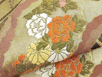 平和屋着物●六通柄袋帯 唐織 菱天井扇面花鳥文 黒地 金糸 逸品 BAAK6613ea
