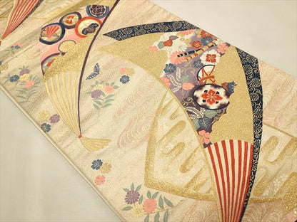 平和屋着物◎六通柄袋帯 唐織 観世水扇面文 金糸 逸品 CAAH5693qe