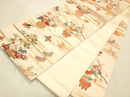 平和屋着物◎六通柄袋帯 陶器草花舞蝶文 金糸 逸品 CAAH5700qe