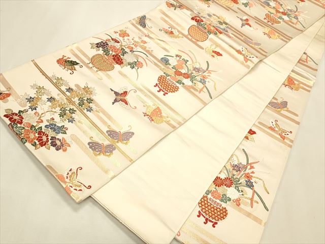 平和屋着物◎六通柄袋帯 陶器草花舞蝶文 金糸 逸品 CAAH5700qe