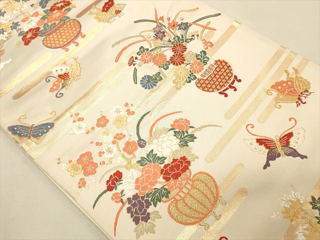 平和屋着物◎六通柄袋帯 陶器草花舞蝶文 金糸 逸品 CAAH5700qe
