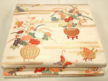 平和屋着物◎六通柄袋帯 陶器草花舞蝶文 金糸 逸品 CAAH5700qe
