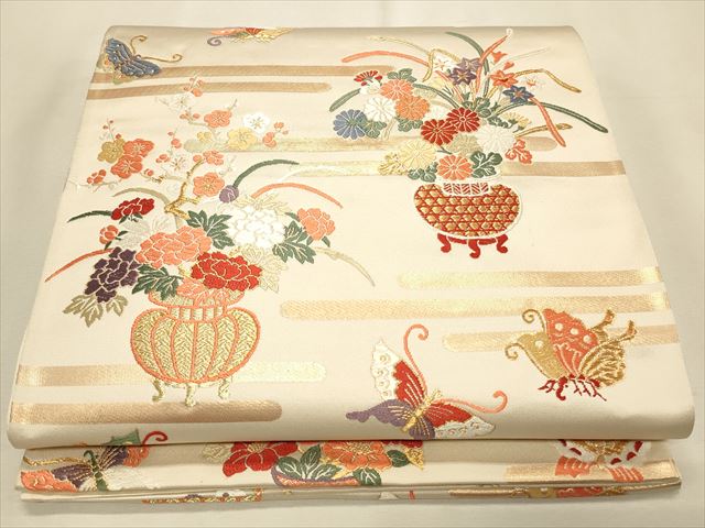 平和屋着物◎六通柄袋帯 陶器草花舞蝶文 金糸 逸品 CAAH5700qe