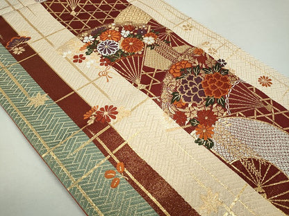 平和屋着物◎六通柄袋帯 扇面草花文 金糸 逸品 CAAI3715ku
