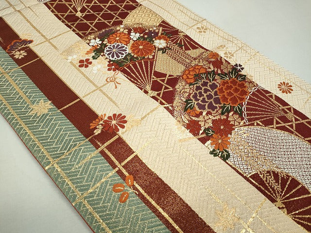 平和屋着物◎六通柄袋帯 扇面草花文 金糸 逸品 CAAI3715ku