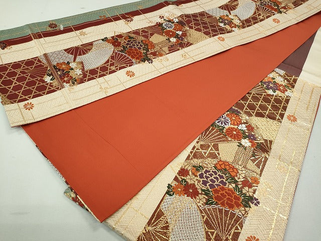 平和屋着物◎六通柄袋帯 扇面草花文 金糸 逸品 CAAI3715ku