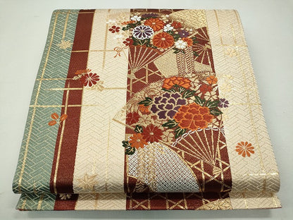 平和屋着物◎六通柄袋帯 扇面草花文 金糸 逸品 CAAI3715ku