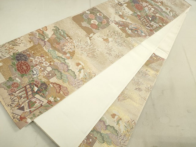 平和屋着物◎六通柄袋帯 檜扇飛鶴花松文 金糸 逸品 DAAJ2581mz