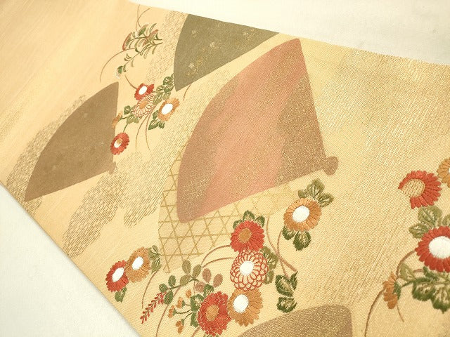 平和屋着物◎太鼓柄袋帯 紬地 刺繍 扇面草花文 金糸 逸品 DAAJ2582mz