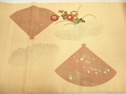 平和屋着物◎太鼓柄袋帯 紬地 刺繍 扇面草花文 金糸 逸品 DAAJ2582mz