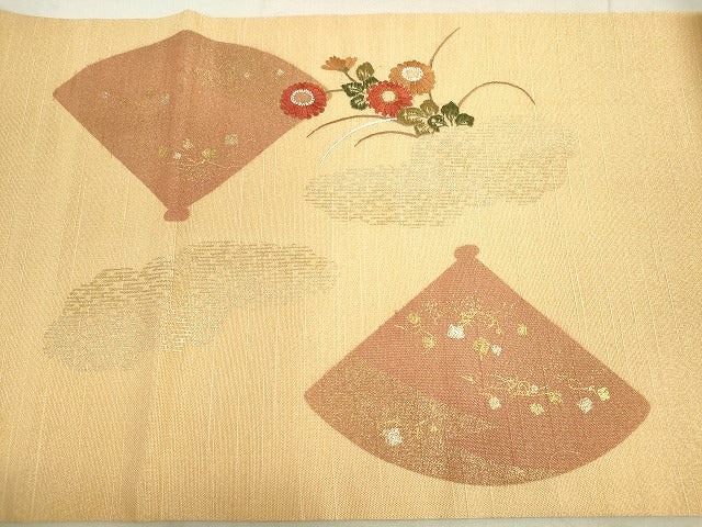 平和屋着物◎太鼓柄袋帯 紬地 刺繍 扇面草花文 金糸 逸品 DAAJ2582mz