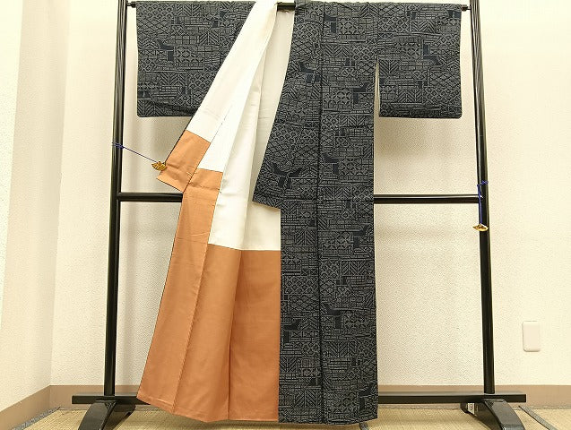 平和屋着物■上質な紬 幾何学模様 逸品 BAAK9083yt