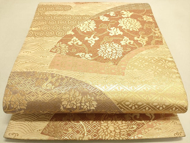 平和屋着物◎六通柄袋帯 地紙重ね吉祥花文 金糸 逸品 DAAJ4061re