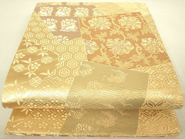 平和屋着物◎六通柄袋帯 色紙重ね名物裂花文 金糸 逸品 DAAJ4098re